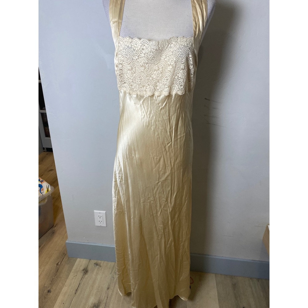VTG Victorias Secret Gold Silk Lace Maxi Nightgown 90s Y2K Cross Back Dress L
